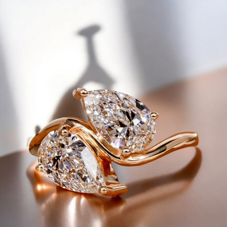 Pear Cut Two Stone Moissanite Engagement Ring – 925 Sterling Silver, Unique Toi et Moi Ring, Anniversary Gift for Her  Promise Rings