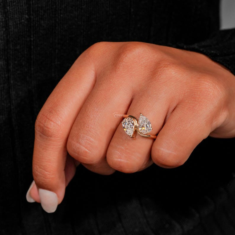 Pear Cut Two Stone Moissanite Engagement Ring – 925 Sterling Silver, Unique Toi et Moi Ring, Anniversary Gift for Her  Promise Rings