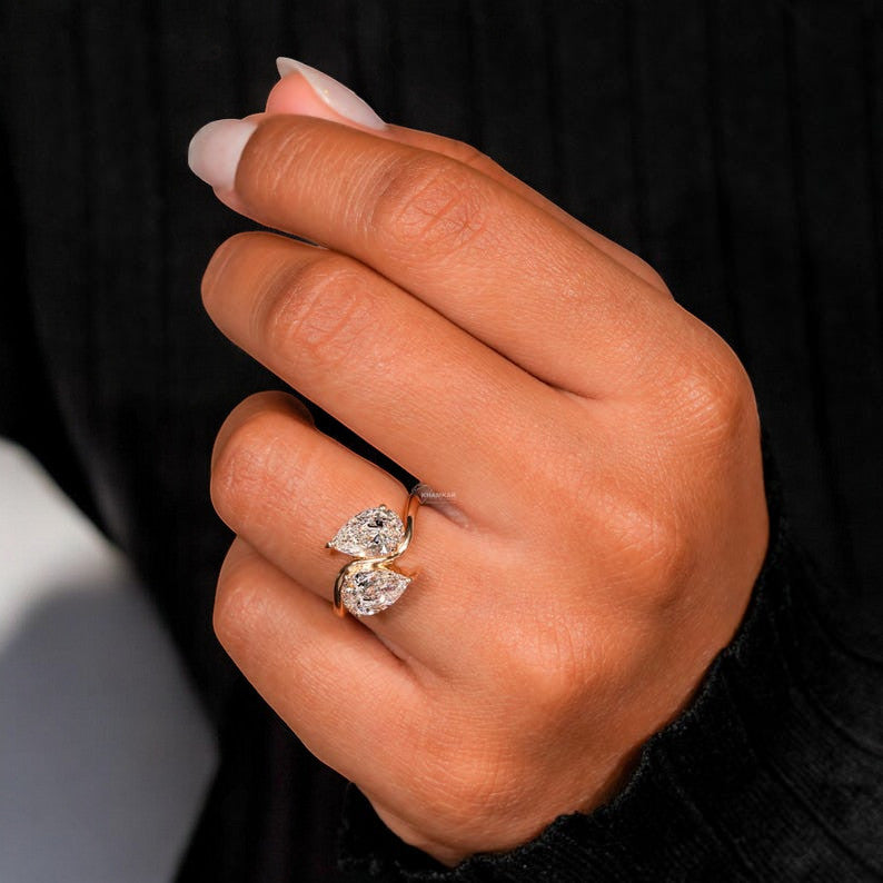Pear Cut Two Stone Moissanite Engagement Ring – 925 Sterling Silver, Unique Toi et Moi Ring, Anniversary Gift for Her  Promise Rings