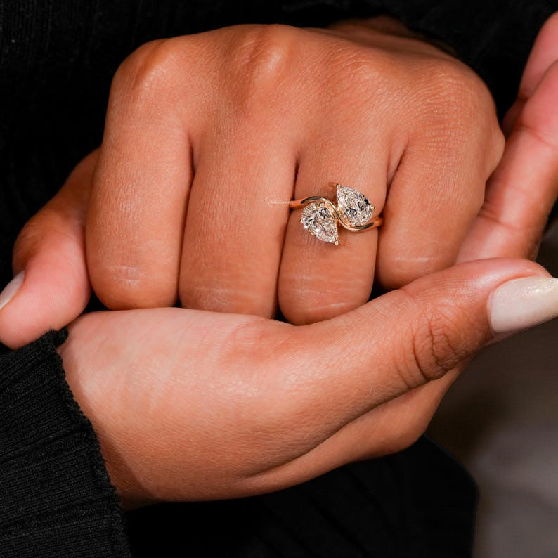 Pear Cut Two Stone Moissanite Engagement Ring – 925 Sterling Silver, Unique Toi et Moi Ring, Anniversary Gift for Her  Promise Rings