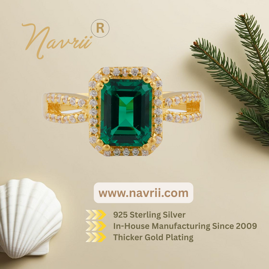 Labmade Emerald Green Gemstone Ring in 925 Sterling Silver with 18 k  Gold Plating | Navrii’s Timeless Statement Jewelry