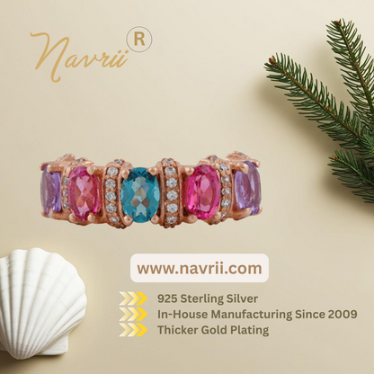 Rose Gold Multi-Gemstone Ring – Vibrant Statement Jewelry, Sterling Silver, Trending & Limited Stock!