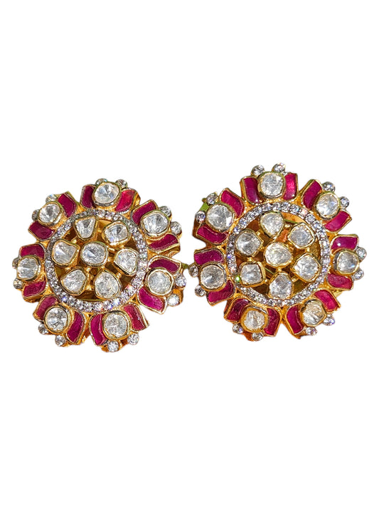 Silver Polki Kundan Jewelry Ruby Stud Earrings 925 Sterling Silver Moissanite Polki Stud Earrings Gift For Her Indian Traditional  Jewelry