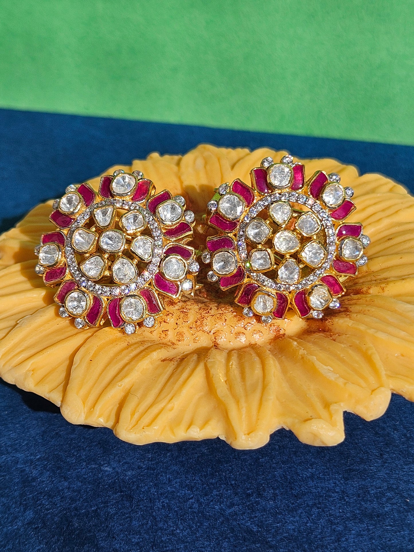 Silver Polki Kundan Jewelry Ruby Stud Earrings 925 Sterling Silver Moissanite Polki Stud Earrings Gift For Her Indian Traditional  Jewelry