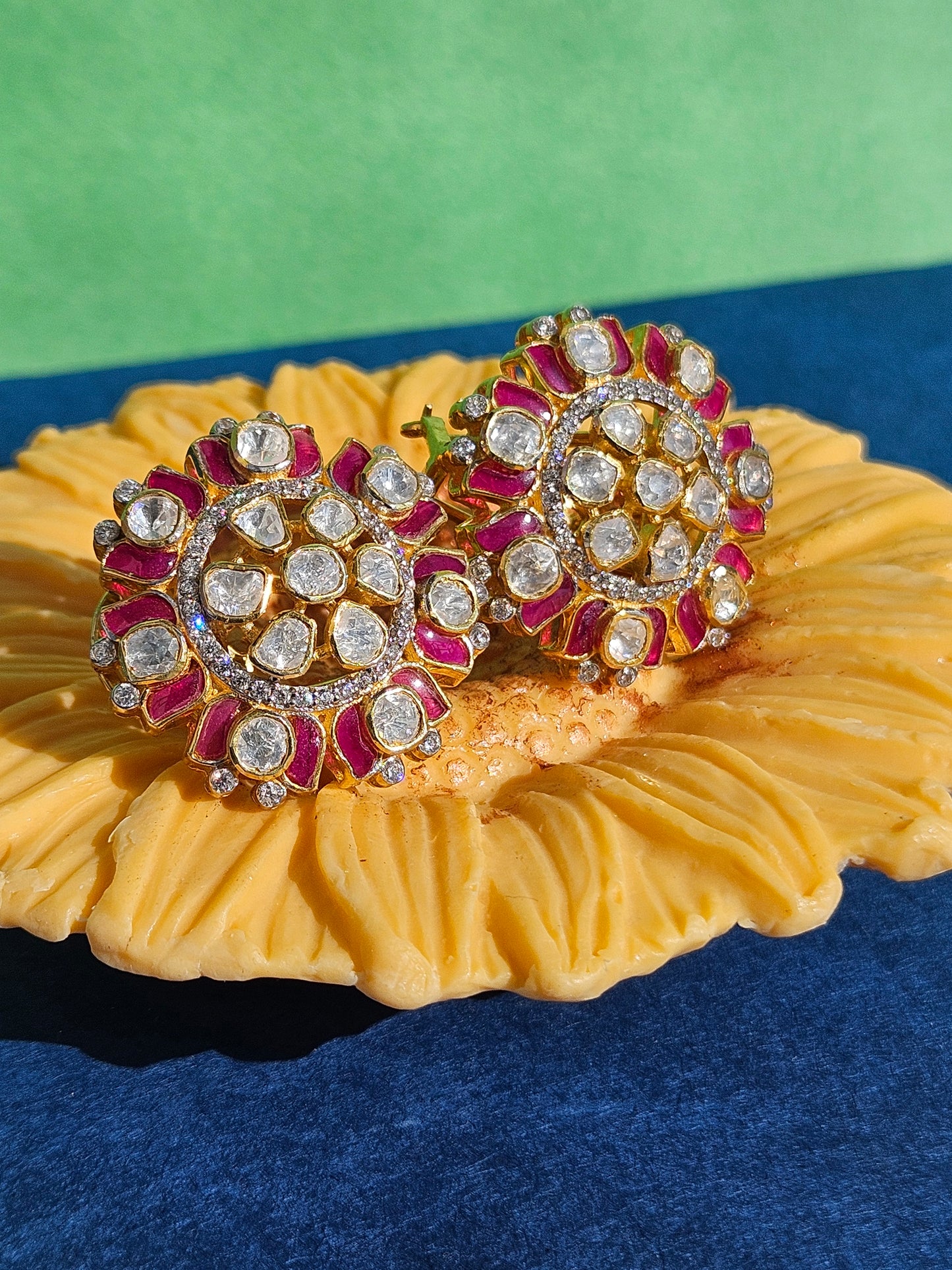 Silver Polki Kundan Jewelry Ruby Stud Earrings 925 Sterling Silver Moissanite Polki Stud Earrings Gift For Her Indian Traditional  Jewelry