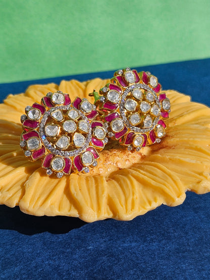 Silver Polki Kundan Jewelry Ruby Stud Earrings 925 Sterling Silver Moissanite Polki Stud Earrings Gift For Her Indian Traditional  Jewelry