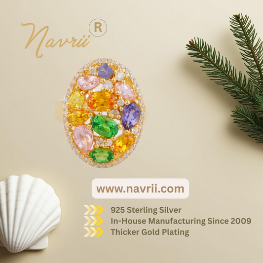 Oval Multi-Gemstone Cocktail Ring –  Gold Plated Sterling Silver – Bold Statement Ring – Unique Handmade Jewelry for Women
