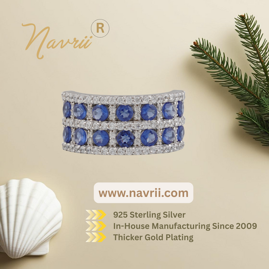 🔹 Elegant Blue Sapphire & Diamond Sterling Silver Band Ring – Limited Edition!