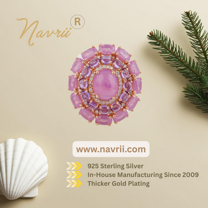 Big Cocktail Pink Purple Gemstones Ring - 925 Sterling Silver