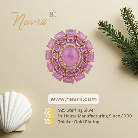 Big Cocktail Pink Purple Gemstones Ring - 925 Sterling Silver