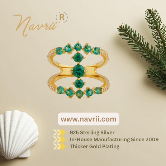 Emerald Open Cage Ring – 18K Gold Plated 925 Sterling Silver | Unique Statement Ring