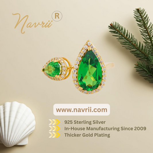Lab made Green Emerald leaf  Sterling Silver Ring
