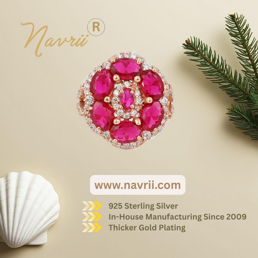 ✨ Radiant Ruby & Diamond Ring – Rose Gold 925 Sterling Silver Vintage-Inspired Cocktail Ring – Limited Edition Glamorous Jewelry