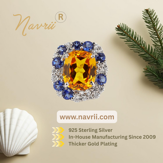 Luxury Square Yellow Sapphire Statement Ring | Sterling Silver Citrine Cocktail Ring | Vintage-Inspired Sapphire Halo Ring – Limited Stock!