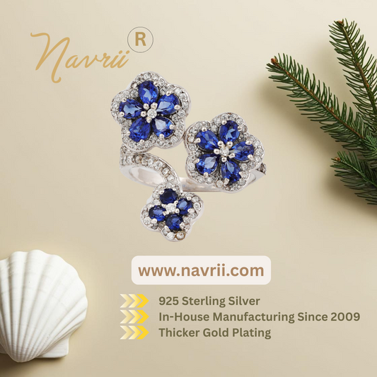 Elegant Flower-Shaped Adjustable Ring | Sterling Silver Floral Statement Ring | Lab-Created Diamond & Sapphire/Emerald Ring – Limited Stock!
