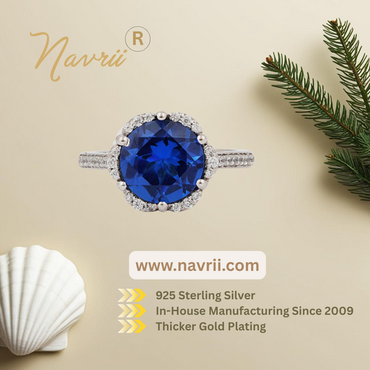 Elegant Round-Cut Blue Sapphire Halo Engagement Ring – 925 Sterling Silver with Lab Diamond Accents – Timeless & Unique Gift