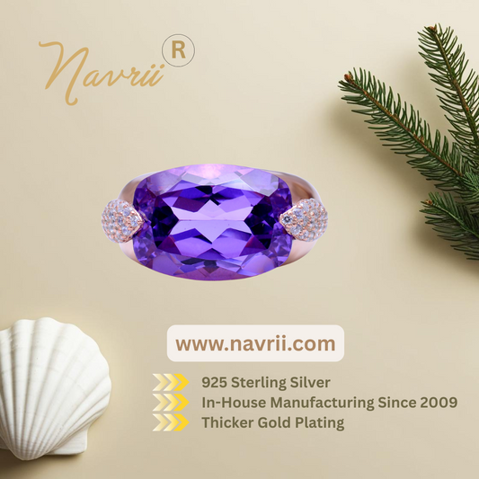 Bold Rectangle-Cut Amethyst Statement Ring with Lab Diamond Accents – Rose Gold Finish