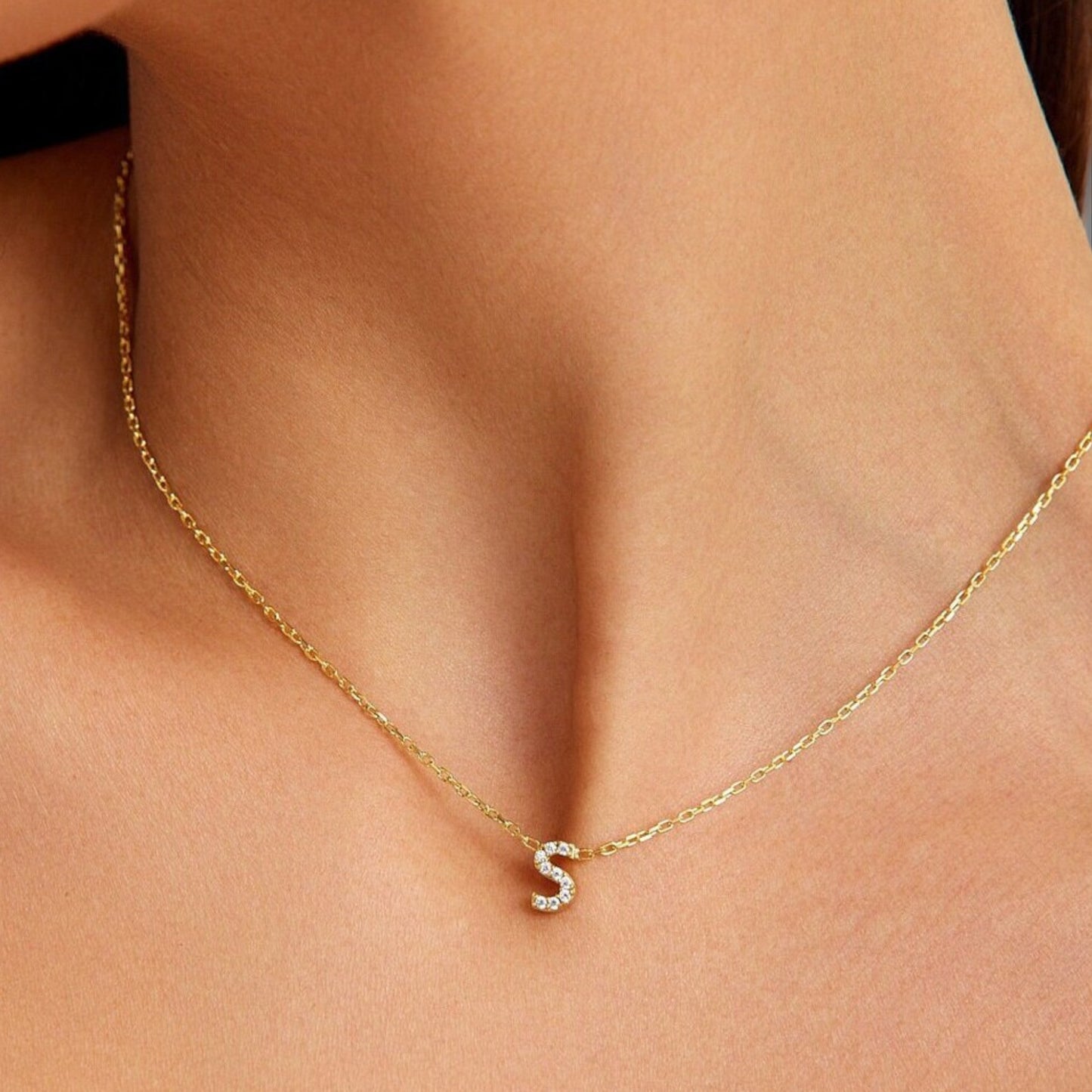 Handmade Tiny Adorable Initial Necklace, Cubic Zirconia Special Initial Necklace 925 Sterling Silver