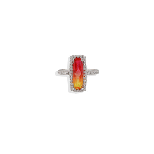 🔥 Fiery Ombre Cocktail Ring – 925 Sterling Silver, Red & Yellow Gradient Gemstone, Halo Statement Ring – Limited Edition! 🔥