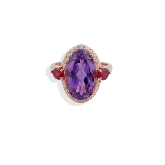 Royal Amethyst & Ruby Ring in 925 Sterling Silver – Elegant Rose Gold-Plated Cocktail Jewelry