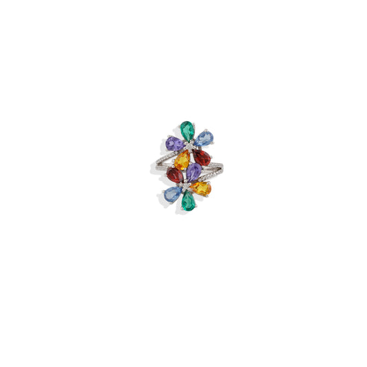 🌈 Multi-Gemstone Floral Ring – 925 Sterling Silver Statement Ring – Colorful Birthstone Jewelry – Unique Handmade Gift for Her
