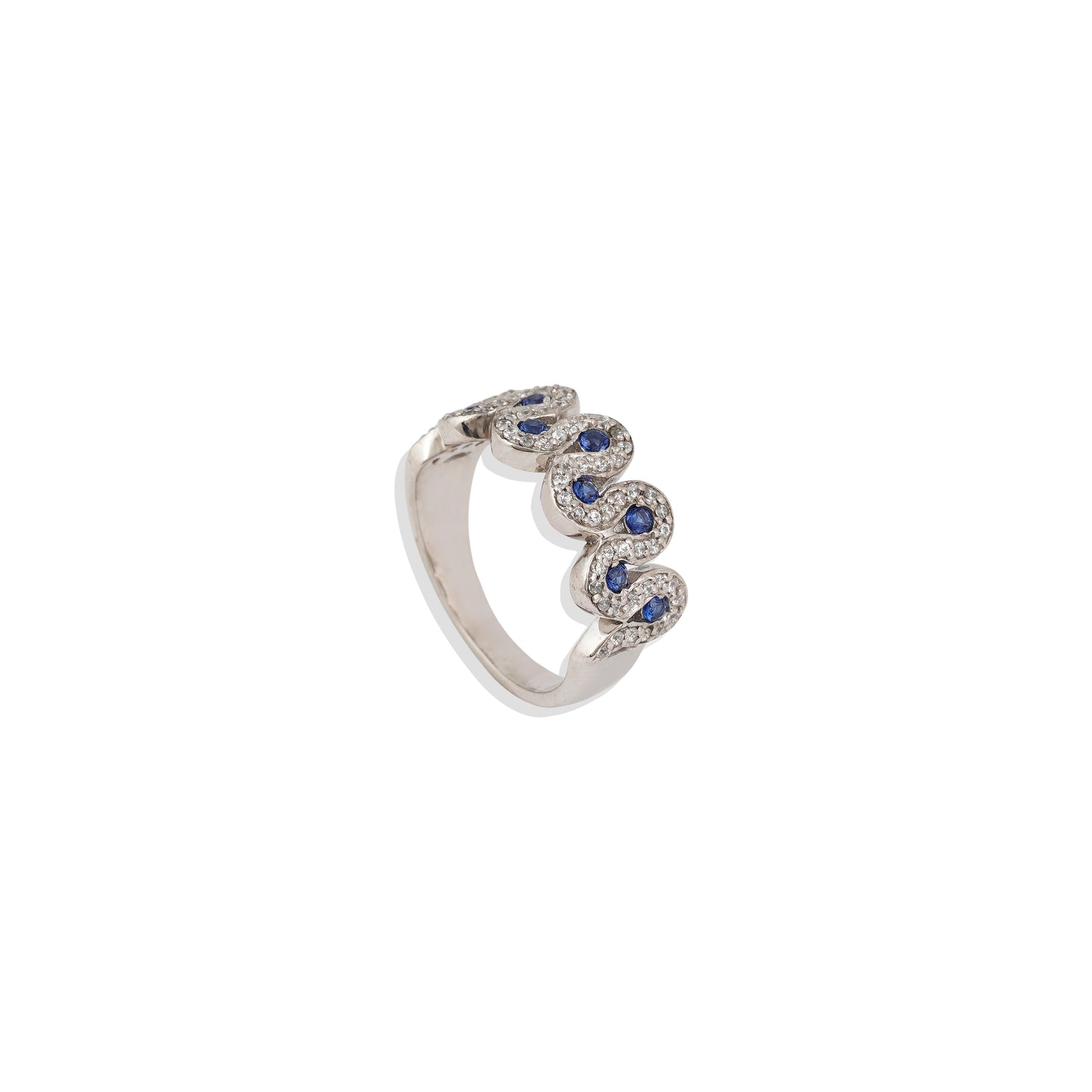 ✨ Sterling Silver Blue Sapphire Wave Ring – Unique Handmade Statement Ring – Luxury White Gold Plated Jewelry – Trending Gift for Her 💙