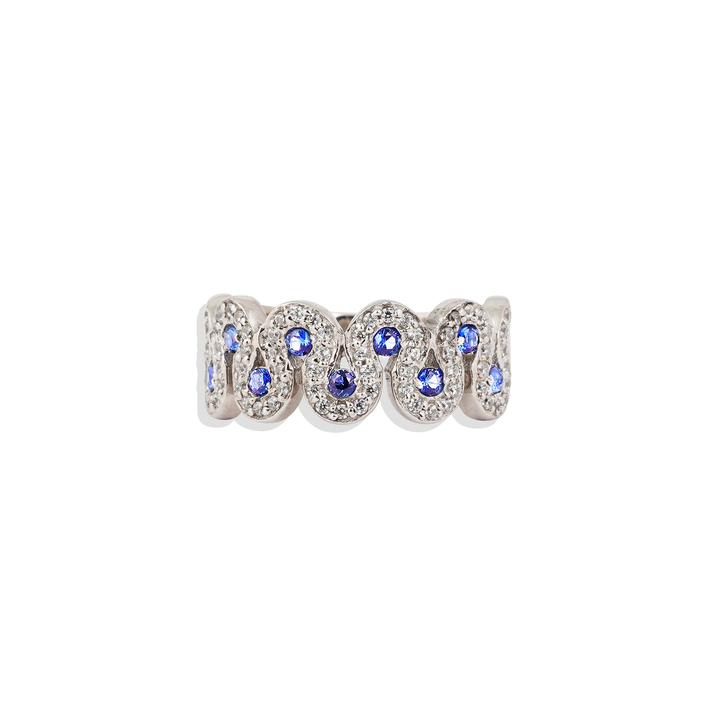 ✨ Sterling Silver Blue Sapphire Wave Ring – Unique Handmade Statement Ring – Luxury White Gold Plated Jewelry – Trending Gift for Her 💙