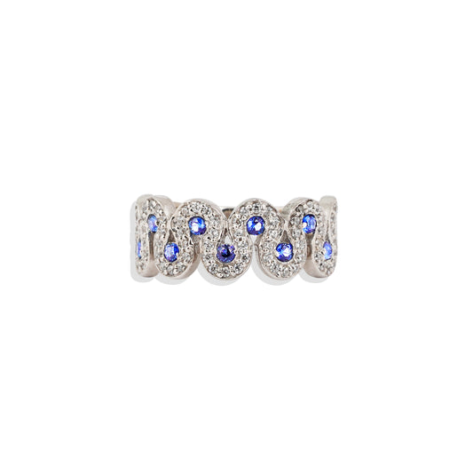 ✨ Sterling Silver Blue Sapphire Wave Ring – Unique Handmade Statement Ring – Luxury White Gold Plated Jewelry – Trending Gift for Her 💙