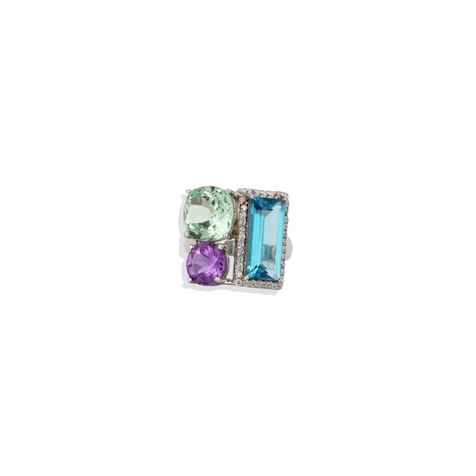 Statement Three-Stone Ring | Blue & Purple Gemstone Ring| Rectangle & Oval Cut Stones | 925 Sterling Silver Bold Ring | Trending Jewelry