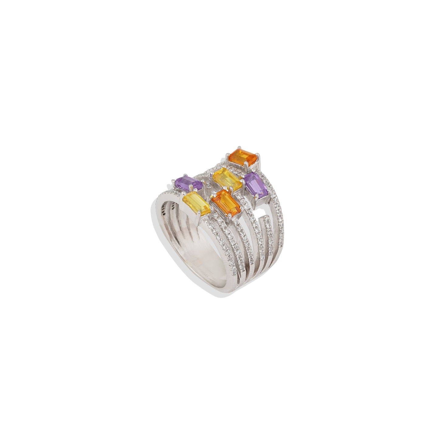 Sterling Silver Rainbow Gemstone Ring | Multicolor Stacking Ring | Amethyst, Citrine & Orange Sapphire Wide Band | Trending Jewelry