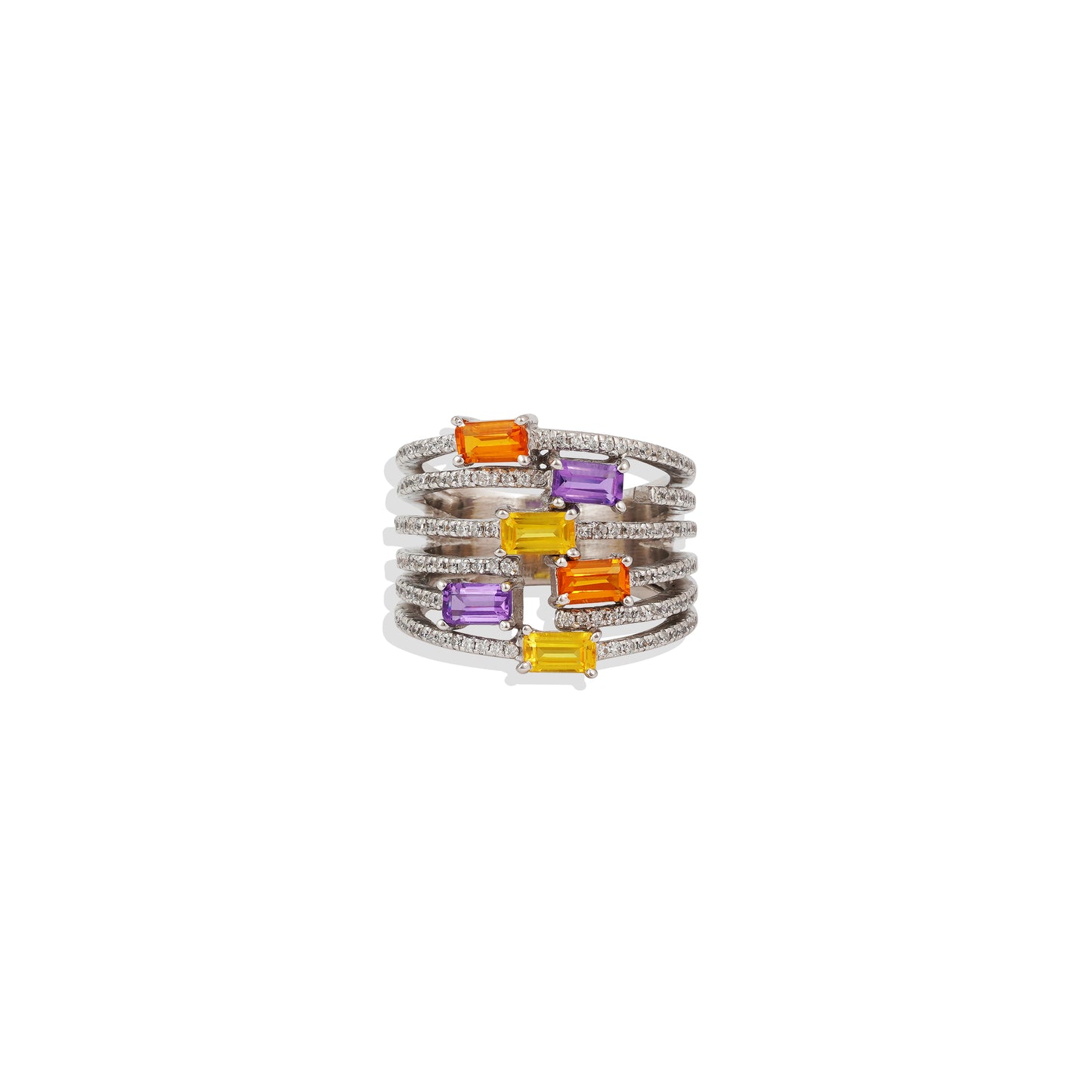 Sterling Silver Rainbow Gemstone Ring | Multicolor Stacking Ring | Amethyst, Citrine & Orange Sapphire Wide Band | Trending Jewelry