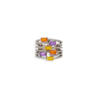 Sterling Silver Rainbow Gemstone Ring | Multicolor Stacking Ring | Amethyst, Citrine & Orange Sapphire Wide Band | Trending Jewelry