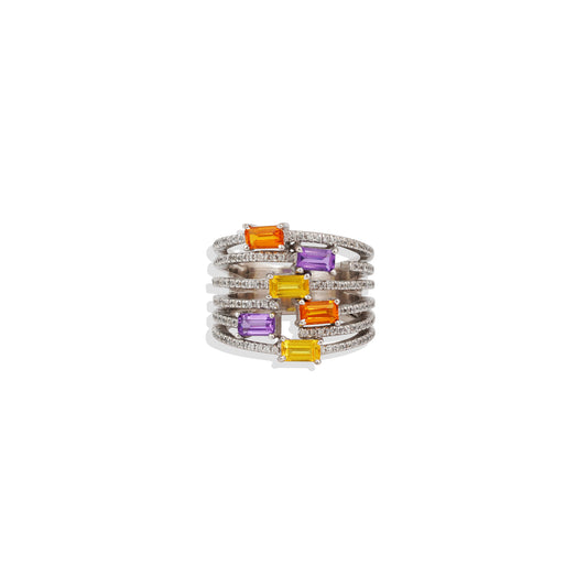 Sterling Silver Rainbow Gemstone Ring | Multicolor Stacking Ring | Amethyst, Citrine & Orange Sapphire Wide Band | Trending Jewelry