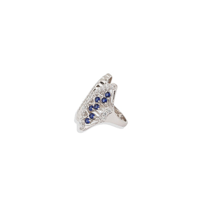Luxury Sterling Silver Leaf Shape Ring – Sapphire & CZ Statement Ring – Elegant Cocktail Jewelry – Adjustable Women’s Ring – Limited Stock