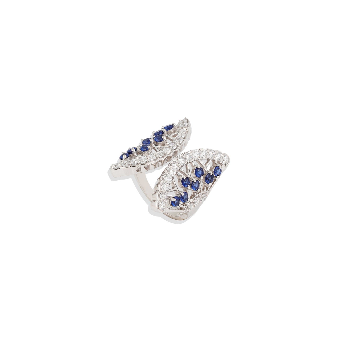 Luxury Sterling Silver Leaf Shape Ring – Sapphire & CZ Statement Ring – Elegant Cocktail Jewelry – Adjustable Women’s Ring – Limited Stock