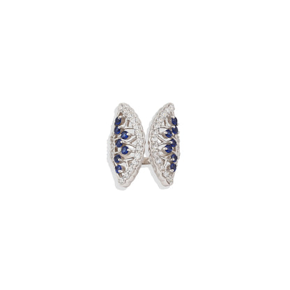 Luxury Sterling Silver Leaf Shape Ring – Sapphire & CZ Statement Ring – Elegant Cocktail Jewelry – Adjustable Women’s Ring – Limited Stock