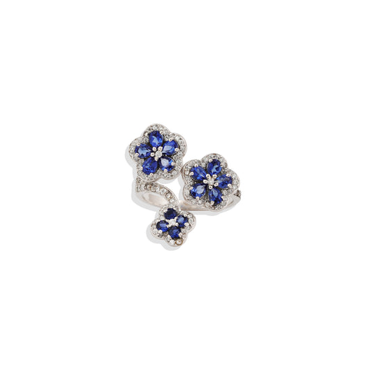 Elegant Flower-Shaped Adjustable Ring | Sterling Silver Floral Statement Ring | Lab-Created Diamond & Sapphire/Emerald Ring – Limited Stock!