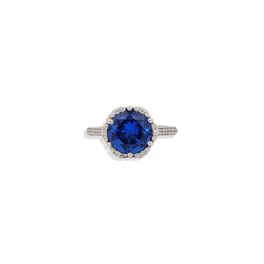 Elegant Round-Cut Blue Sapphire Halo Engagement Ring – 925 Sterling Silver with Lab Diamond Accents – Timeless & Unique Gift