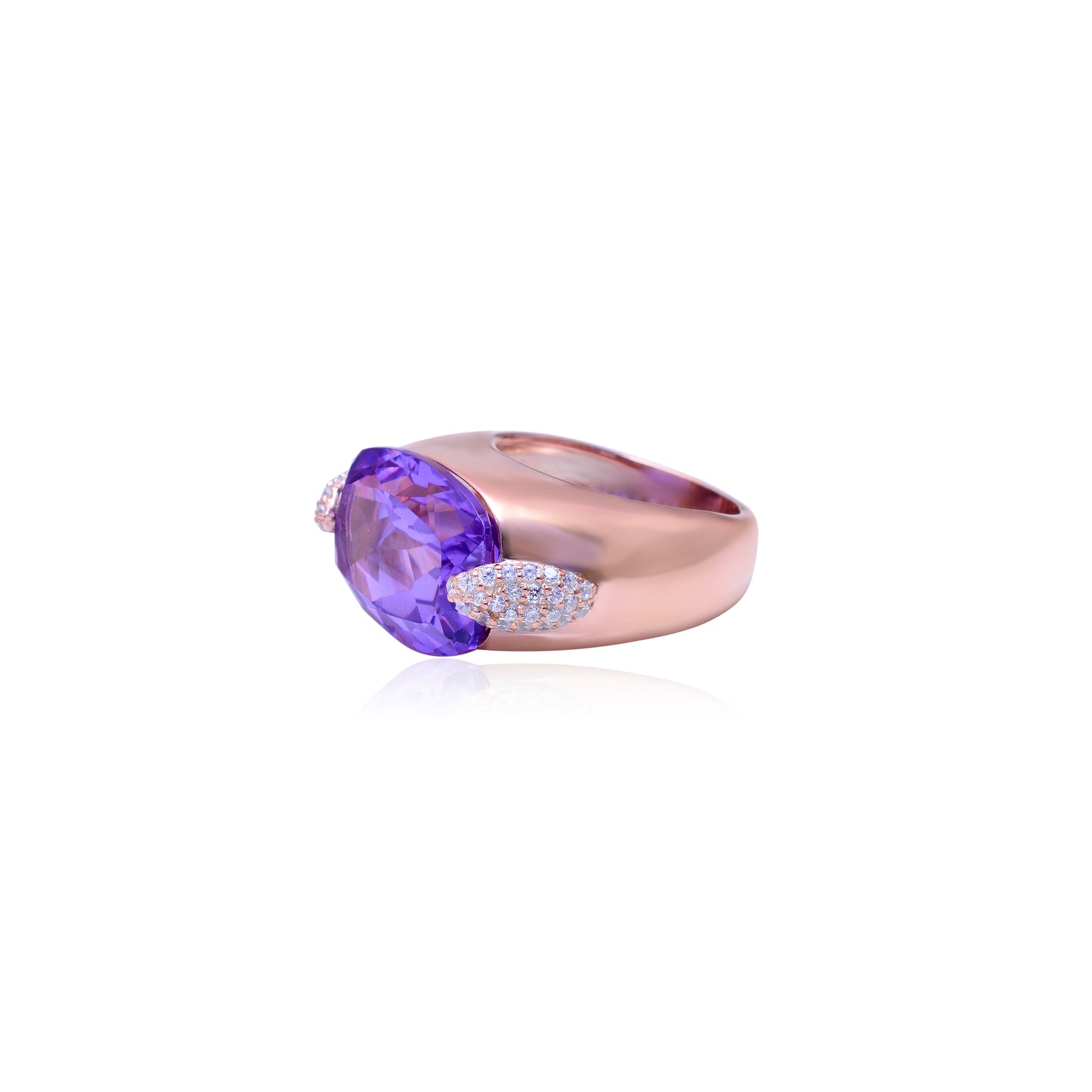 Bold Rectangle-Cut Amethyst Statement Ring with Lab Diamond Accents – Rose Gold Finish