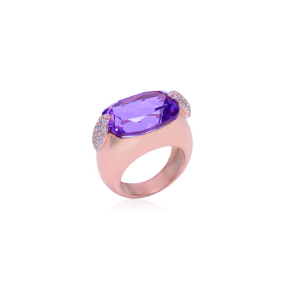 Bold Rectangle-Cut Amethyst Statement Ring with Lab Diamond Accents – Rose Gold Finish