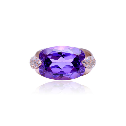 Bold Rectangle-Cut Amethyst Statement Ring with Lab Diamond Accents – Rose Gold Finish