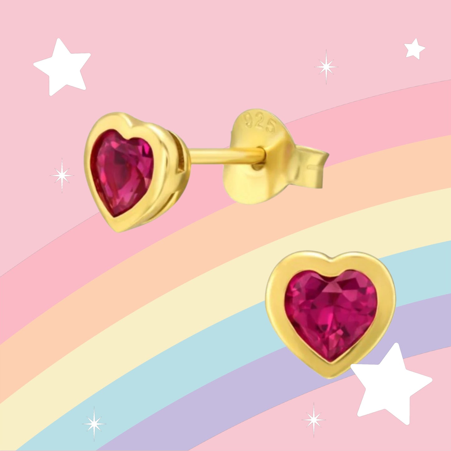 18K Gold Plated heart  Lab made Ruby stud earrings | Kids earrings | Toddler earrings
