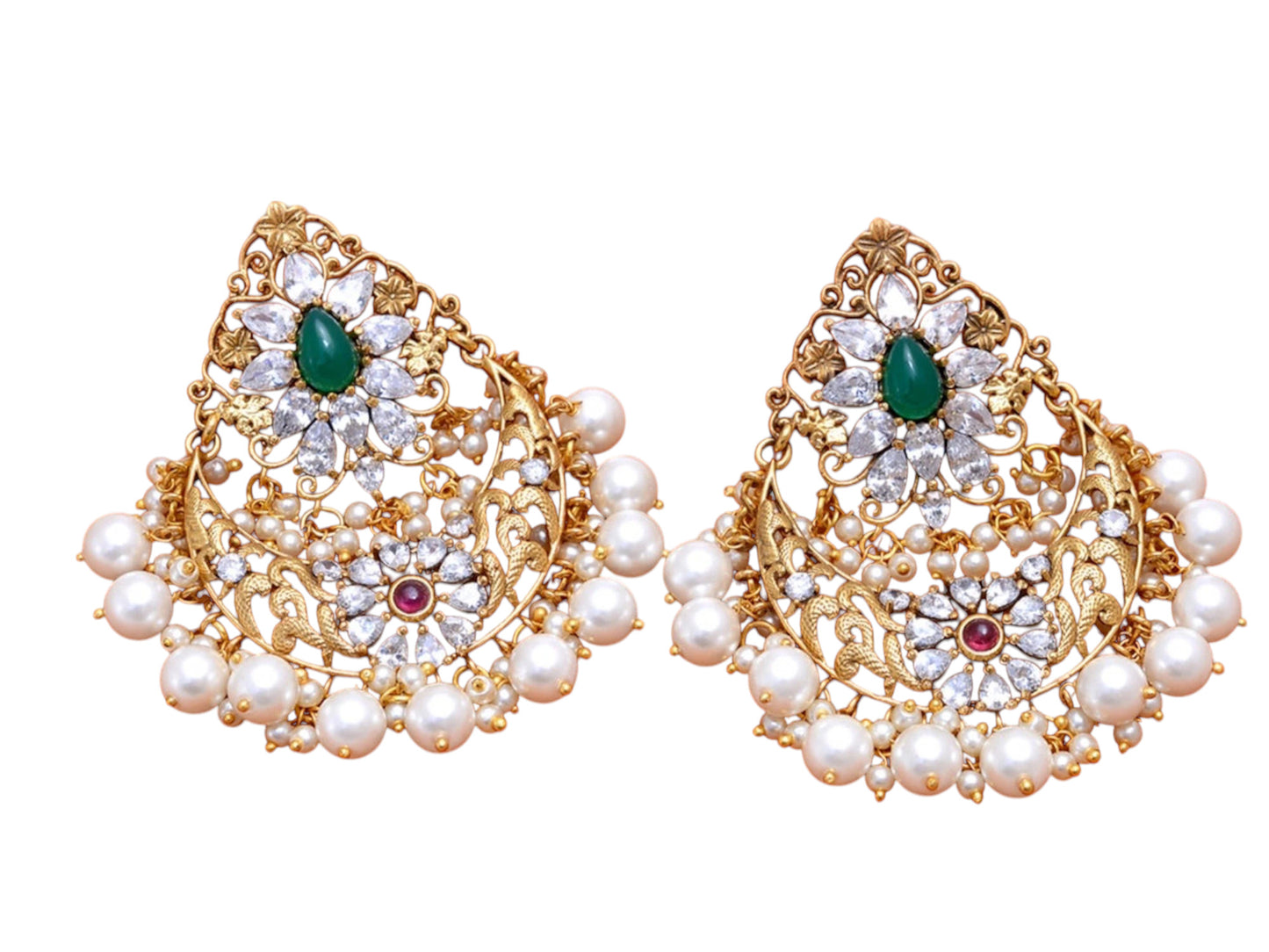 Labmade emerald  Moissanite Polki  Pearl (Cultured) earring