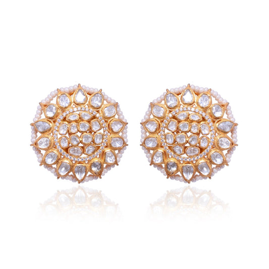 Moissanite Polki  Pearl (Cultured) earring, 925 Sterling Silver Indian Jewellery, Handmade, statement Earring , Wedding Jewellery