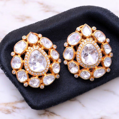 Handmade Moissanite Polki CZ Stud earring, 925 Sterling Silver