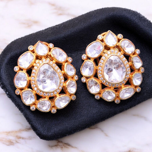 Handmade Moissanite Polki CZ Stud earring, 925 Sterling Silver