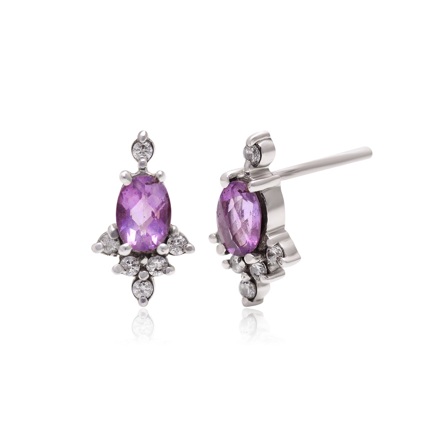 Natural Amethyst Floral Stud Earring In Sterling Silver