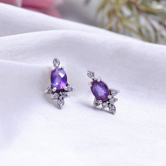 Natural Amethyst Floral Stud Earring In Sterling Silver