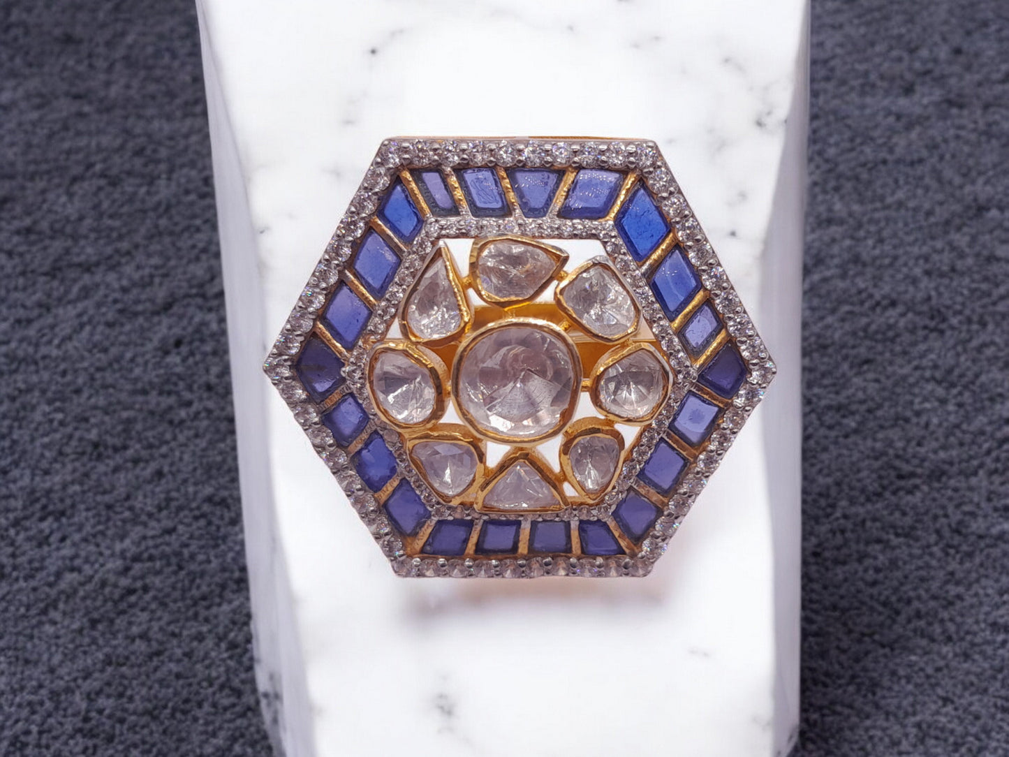 Silver Moissanite Polki Ring, Royal charm  Indian Wedding Jewellery, Statement Ring