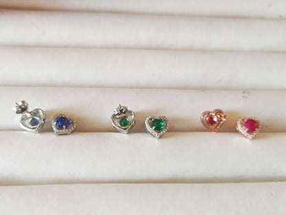 Heart Shaped Gemstone Stud Earrings in 925 Sterling Silver – Elegant Sapphire, Emerald & Ruby Jewelry for Loving Women